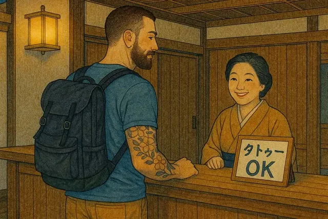 Welcoming entrance sign at a tattoo-friendly onsen in Japan
