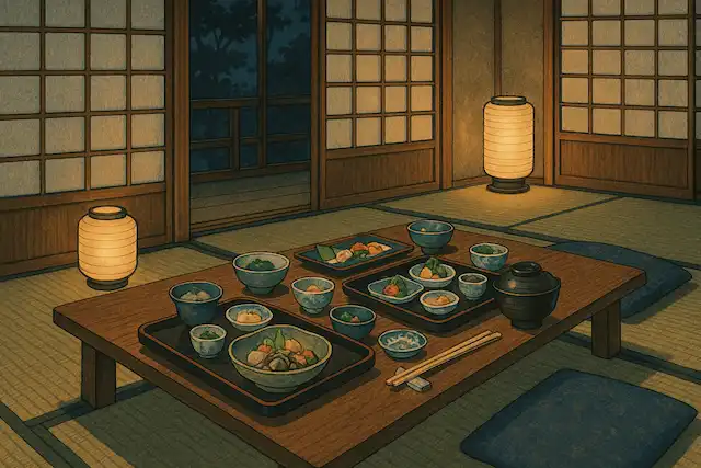 Kaiseki dinner served in traditional tatami mat room of a tattoo friendly ryokan in Japan