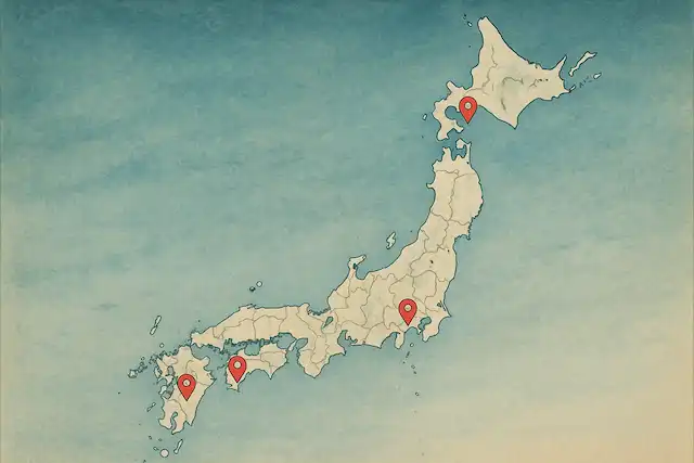 Simple water color style map of Japan depicting regions with tattoo friendly onsen