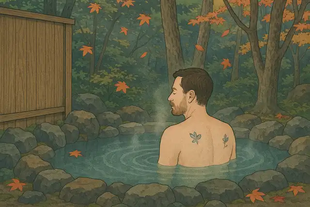 Tattooed foreign traveler enjoying a private onsen kashikiri buro outdoors in nature of Japan