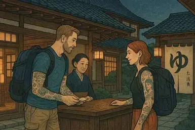 Tattooed foreign travelers checking into a tattoo friendly onsen in Japan