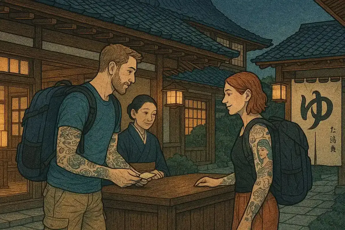 Tattooed foreign travelers checking into a tattoo friendly onsen in Japan
