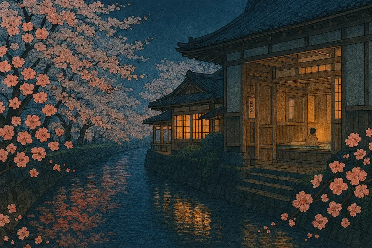 Traditional Japanese hot spring illustration in Shin Hanga style