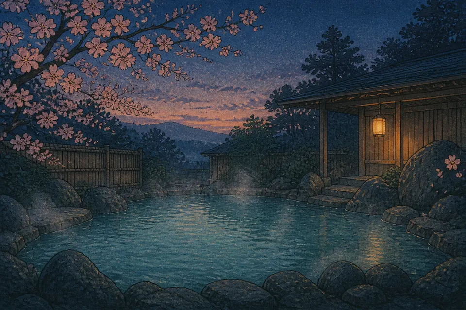 Communal open-air onsen at dusk, shin-hanga woodblock style