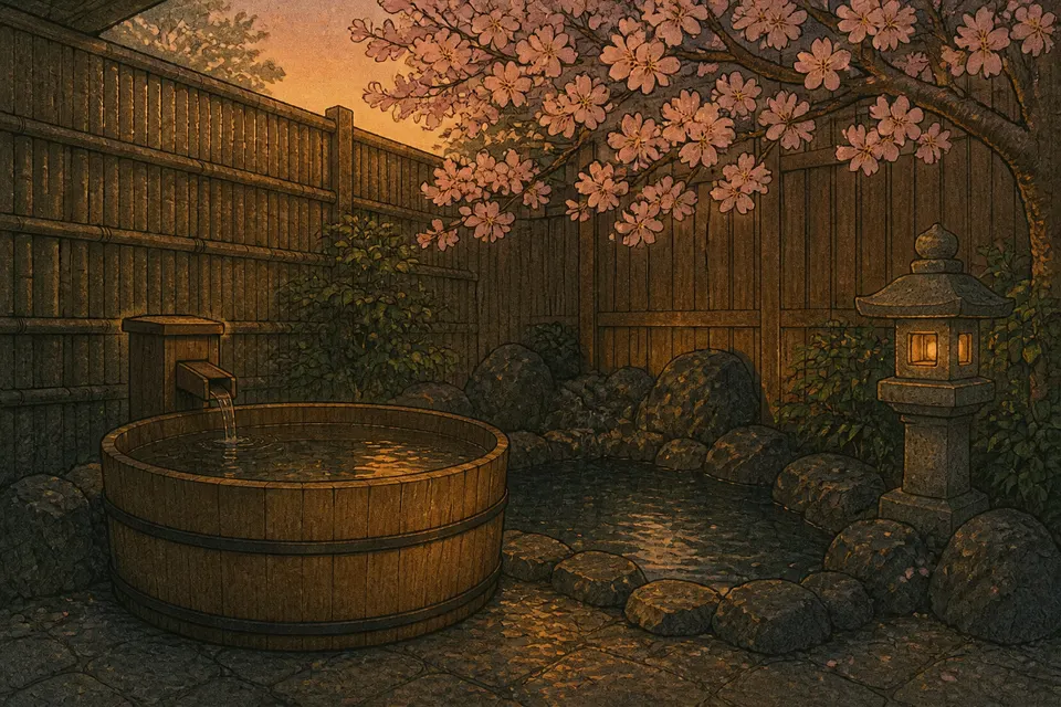 Secluded private kashikiri bath in a fenced courtyard at dusk, shin-hanga woodblock style