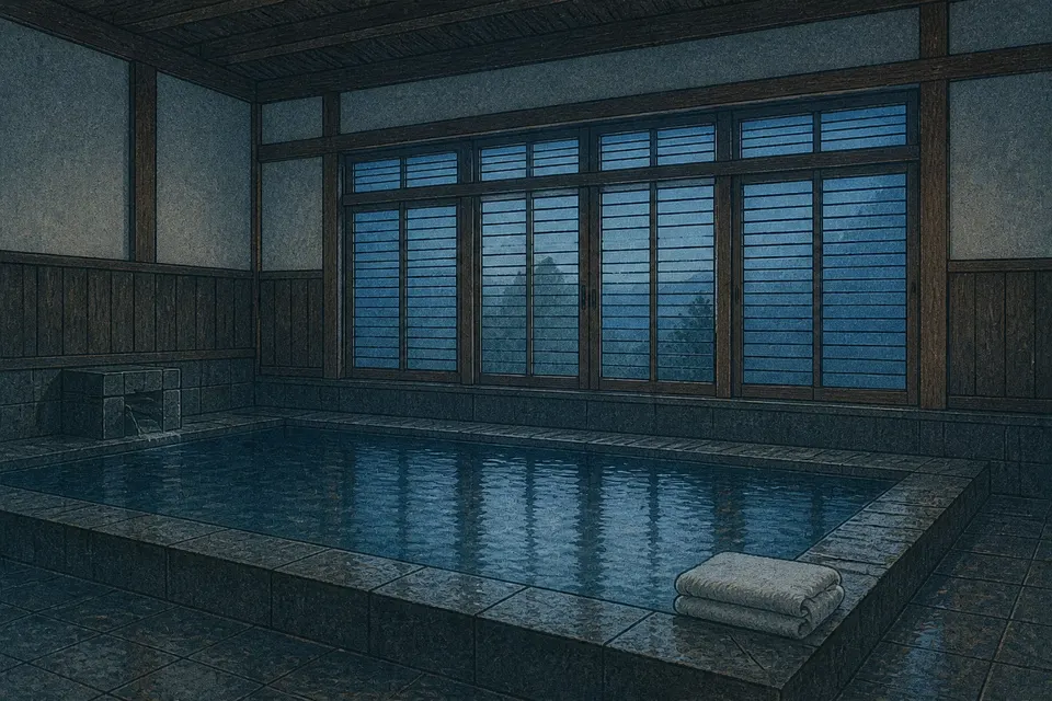 Quiet indoor onsen bath at blue hour with a folded towel on the bath edge, shin-hanga woodblock style