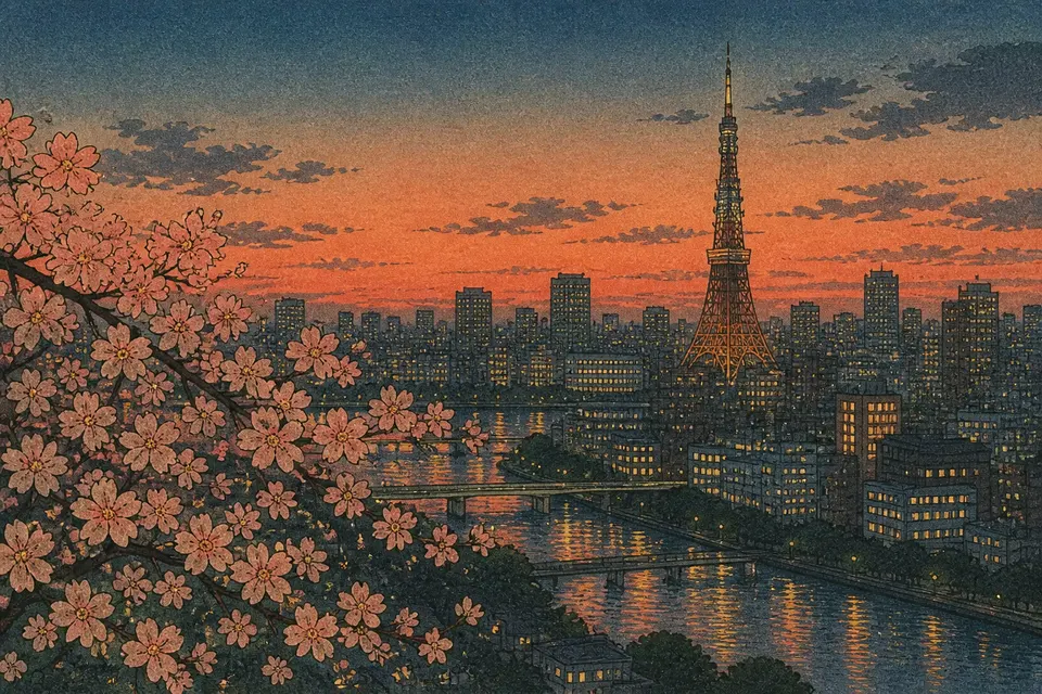 Tokyo landmark at dusk with cherry blossom, shin-hanga woodblock style