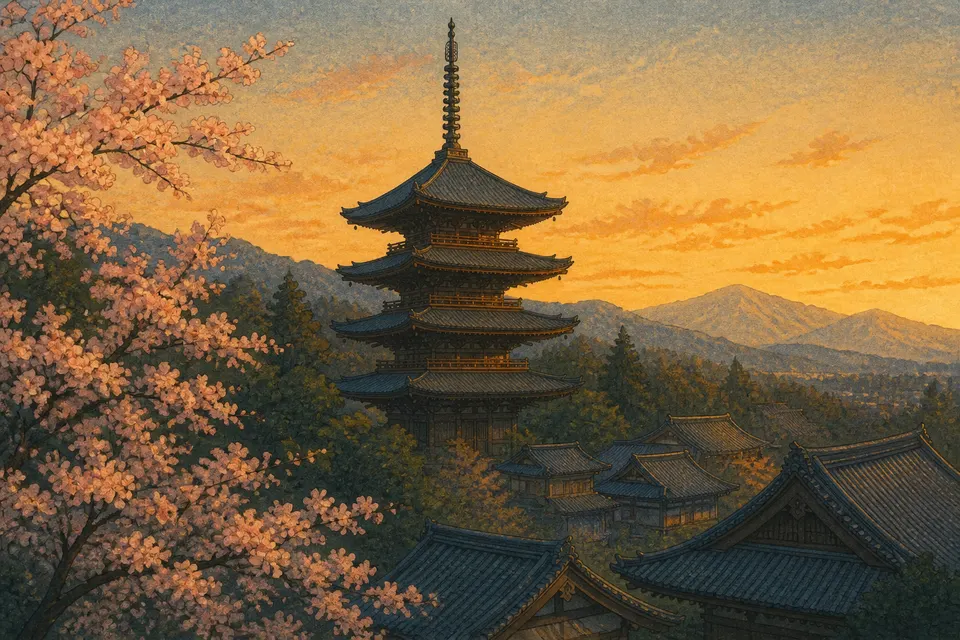 Kyoto landmark at dusk with cherry blossom, shin-hanga woodblock style
