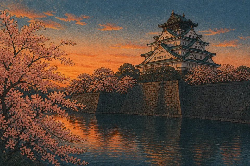 Osaka landmark at dusk with cherry blossom, shin-hanga woodblock style