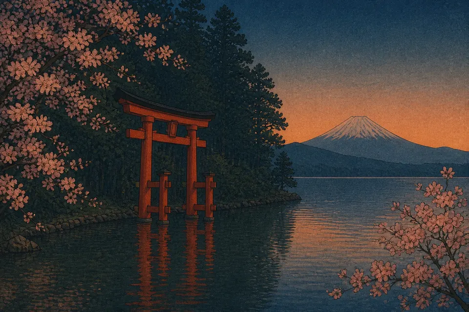 Hakone landmark at dusk with cherry blossom, shin-hanga woodblock style