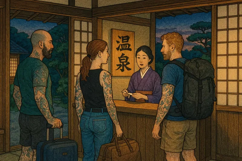 Tattooed tourists being welcomed at the check-in of an onsen ryokan