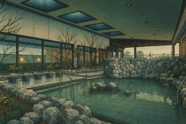 Solaniwa Onsen Osaka Bay Tower Shin Hanga Art Style